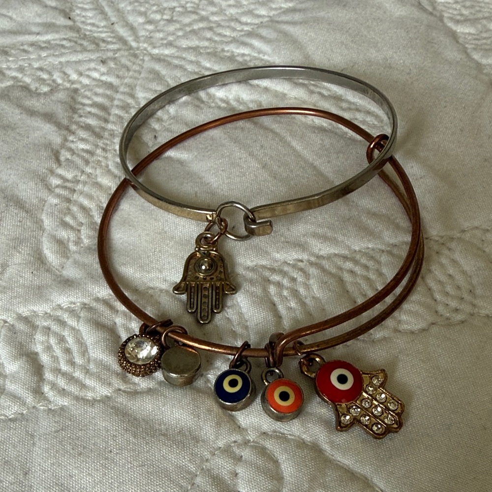Stacked Hamsa & Evil Eye Charm Bangle Bracelets - Copper & Silver Tones